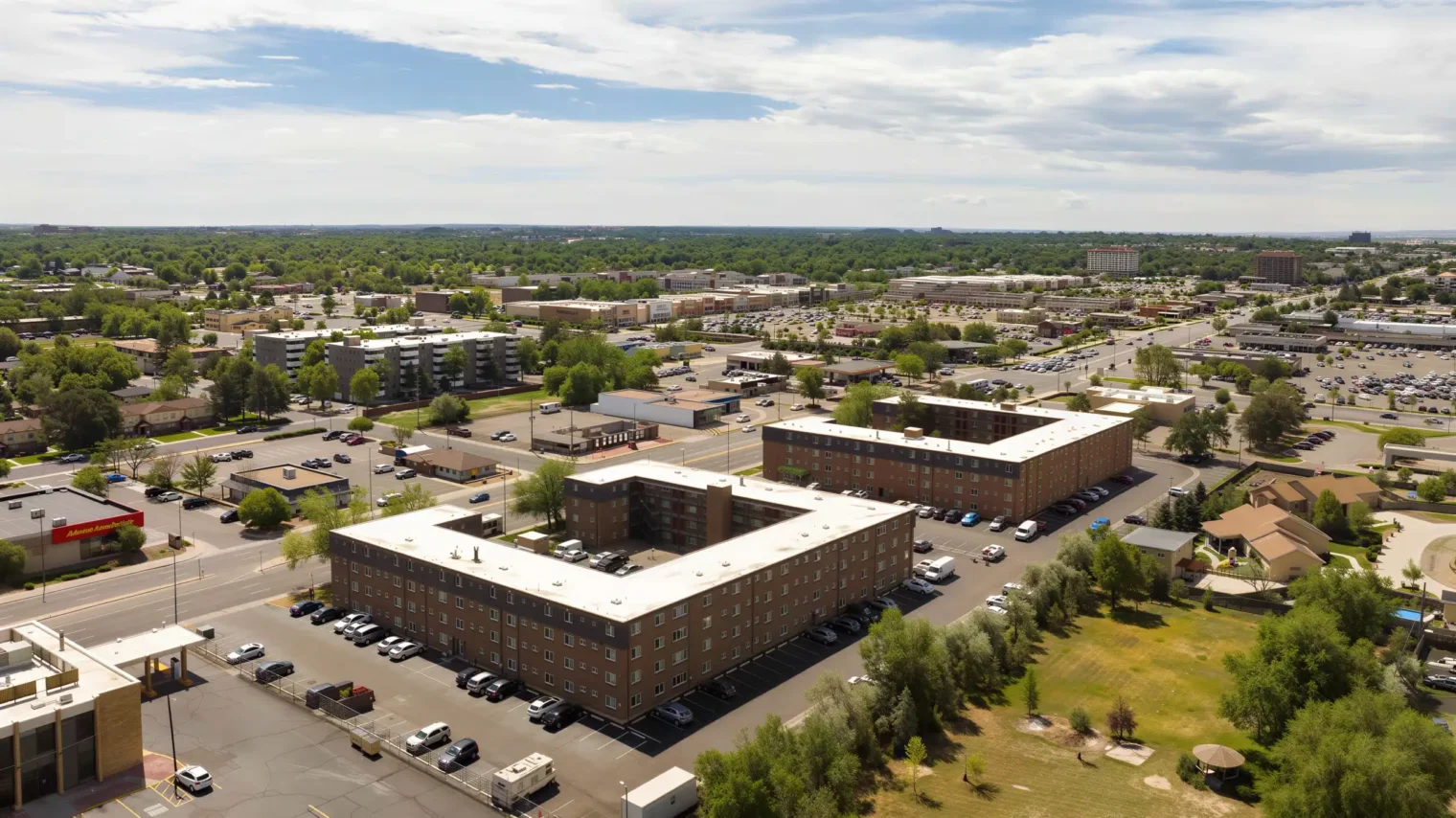 Aerial view of Meridian Garden Apartments near shopping, dining and everyday conveniences in Denver, CO