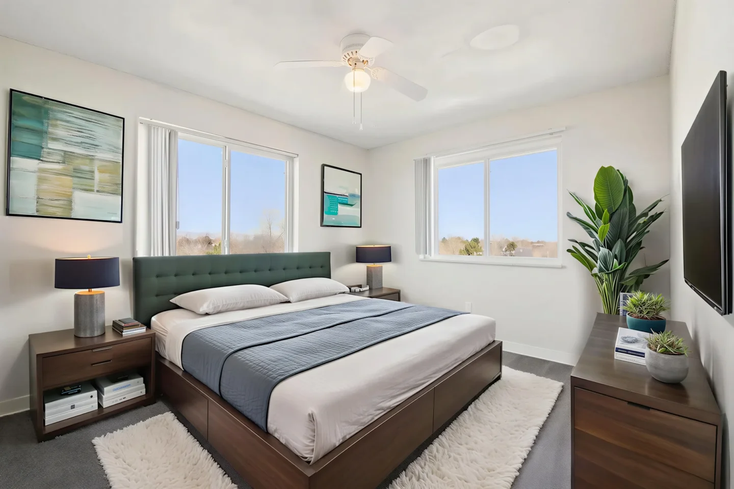 Modern apartment bedroom with two windows and natural light at Meridian Garden Apartments