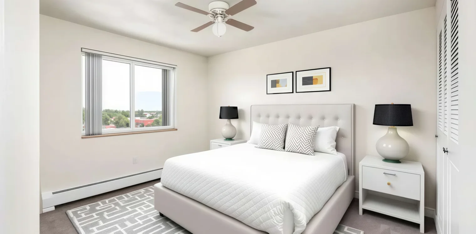 Bright bedroom with large window and spacious layout at Meridian Garden Apartments in Denver