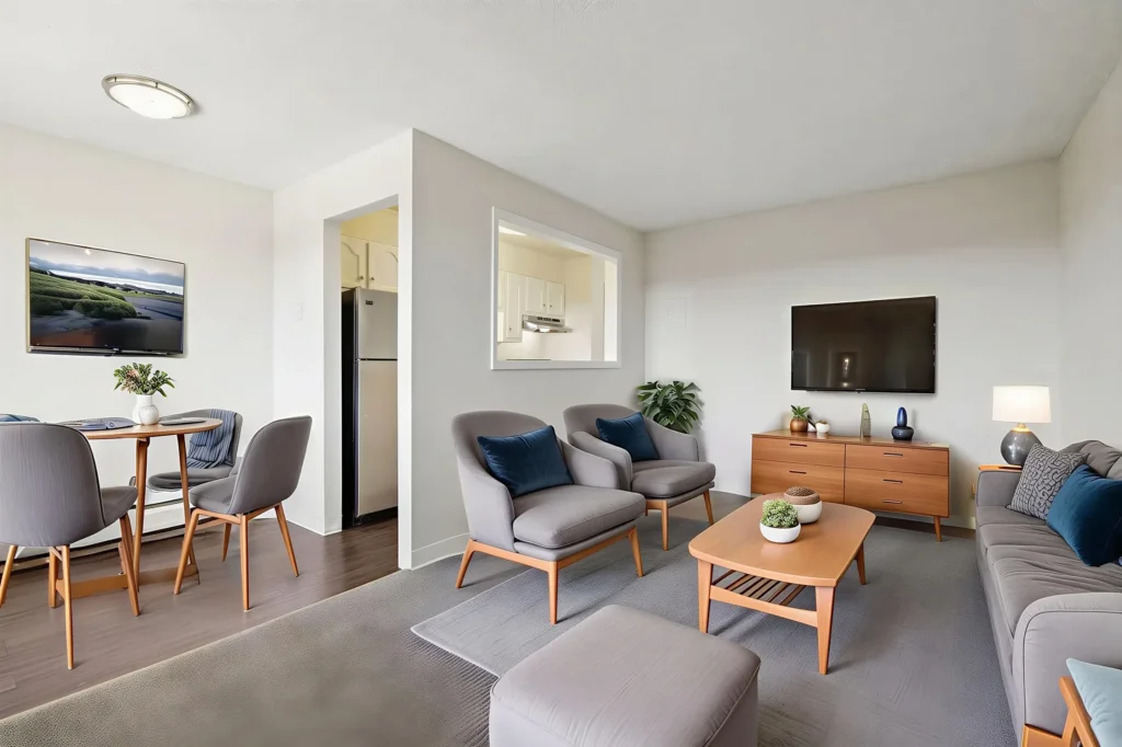 Spacious apartment living and dining area with modern furnishings at Meridian Garden Apartments