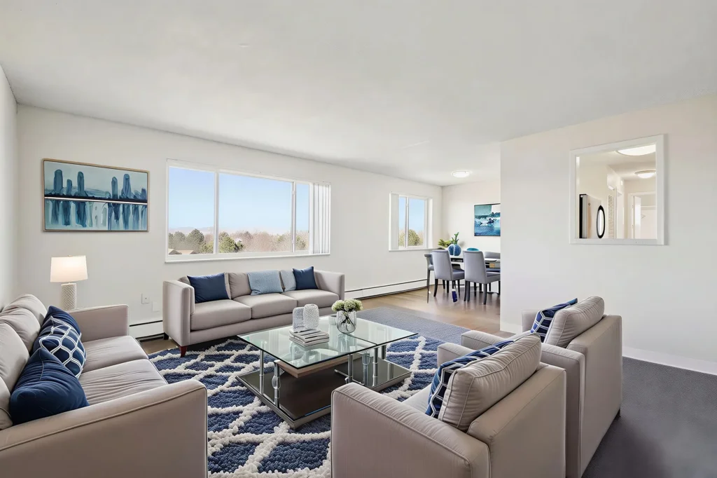 Bright apartment living room with large windows and dining area at Meridian Garden Apartments in Denver